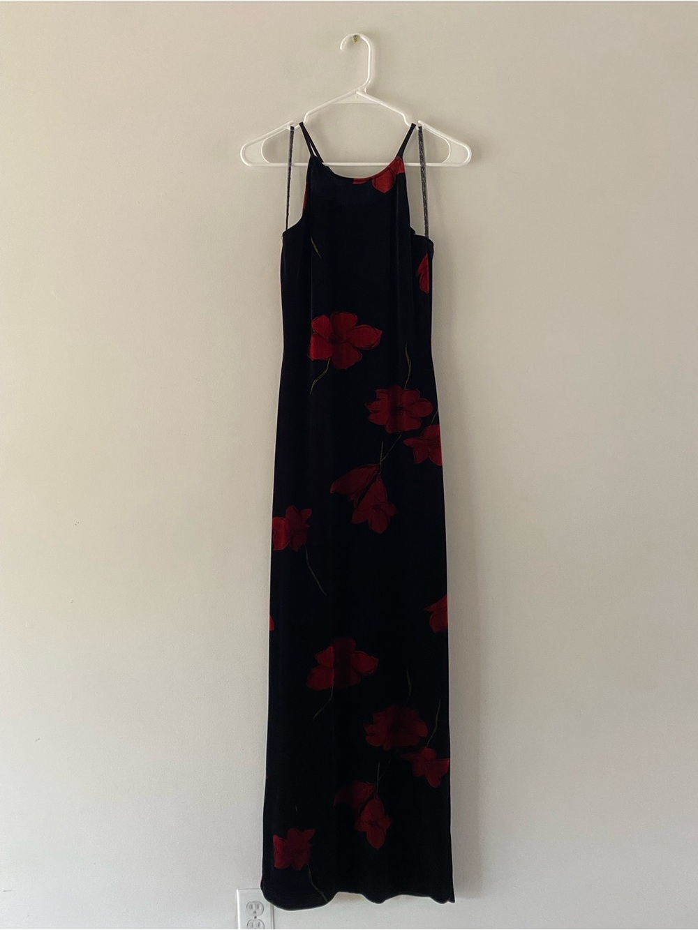 Vintage Velvet Black Slip Maxi Dress with Red Floral Print